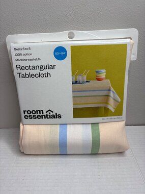 Striped Rectangle Cotton Tablecloth 84x60 Room Essentials Cream Blue Green New